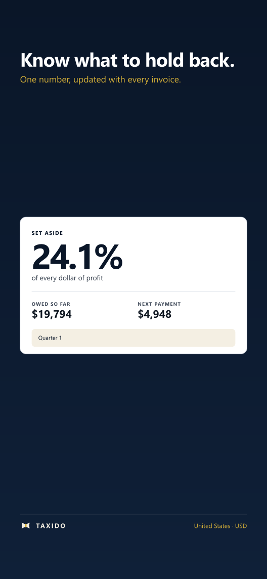 The app showing the amount to set aside, with the tax year and the next payment date beneath it.